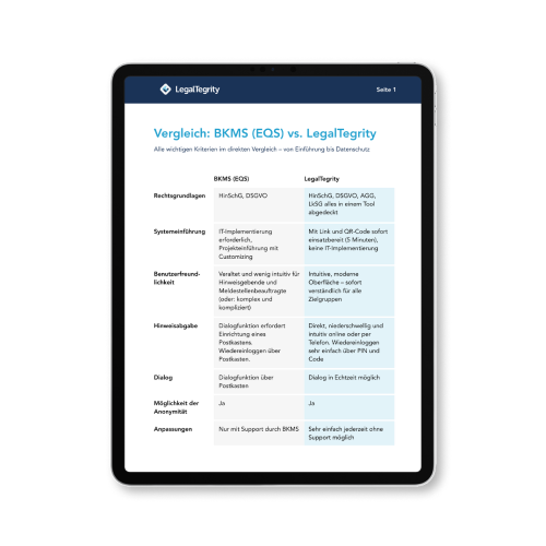Vergleichstabelle von bkms und legaltegrity auf einem Ipad als mockup
